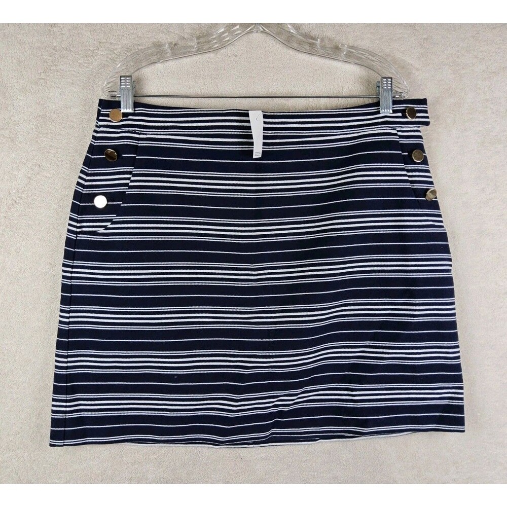 LOFT Women's Striped Lined Gold Button Navy White Mini Skirt Size 14